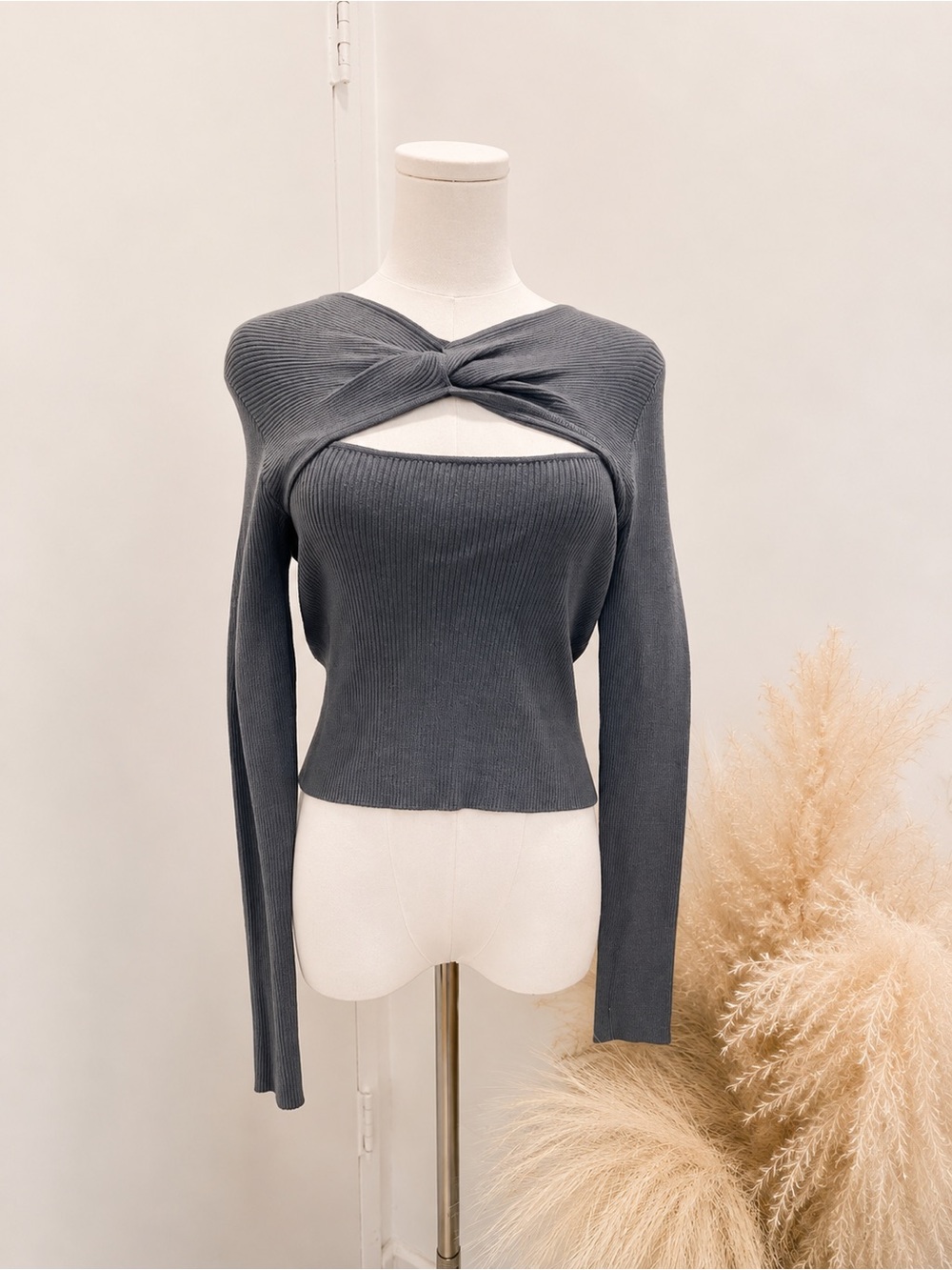 Active USA Charcoal Twist Front Long Sleeve Knit Top